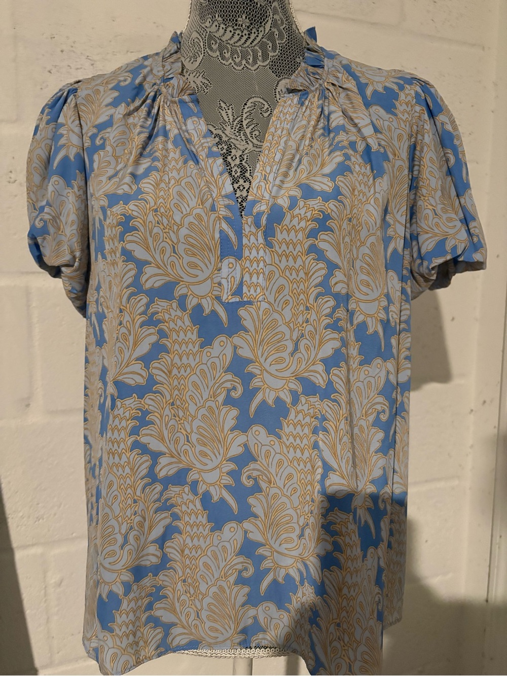 Rose & Olive Blue Floral Paisley V-Neck Blouse
